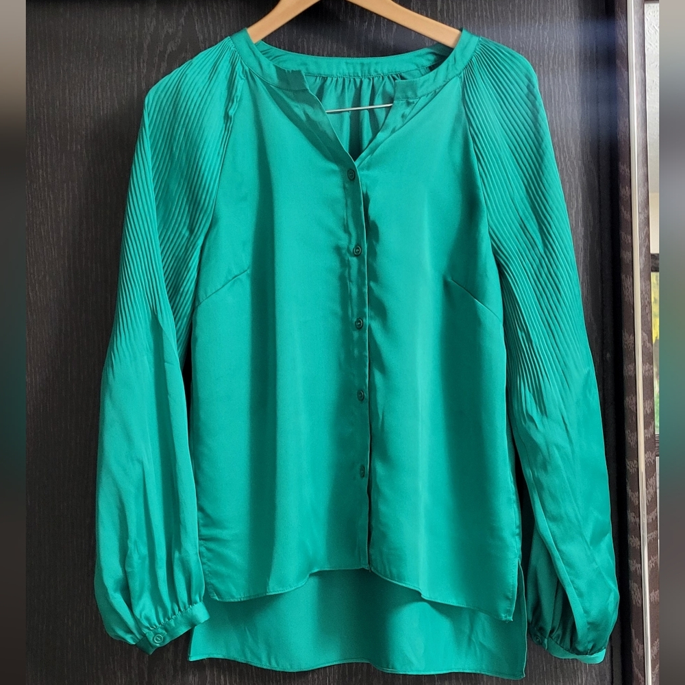 Vintage Green Teal Button-Up Blouse